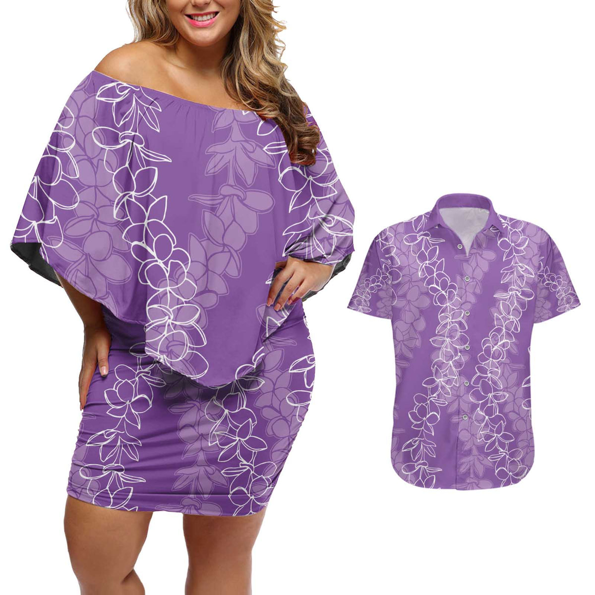 Hawaii Plumeria Lei Couples Matching Off Shoulder Short Dress and Hawaiian Shirt Aloha Festive Vibe - Violet