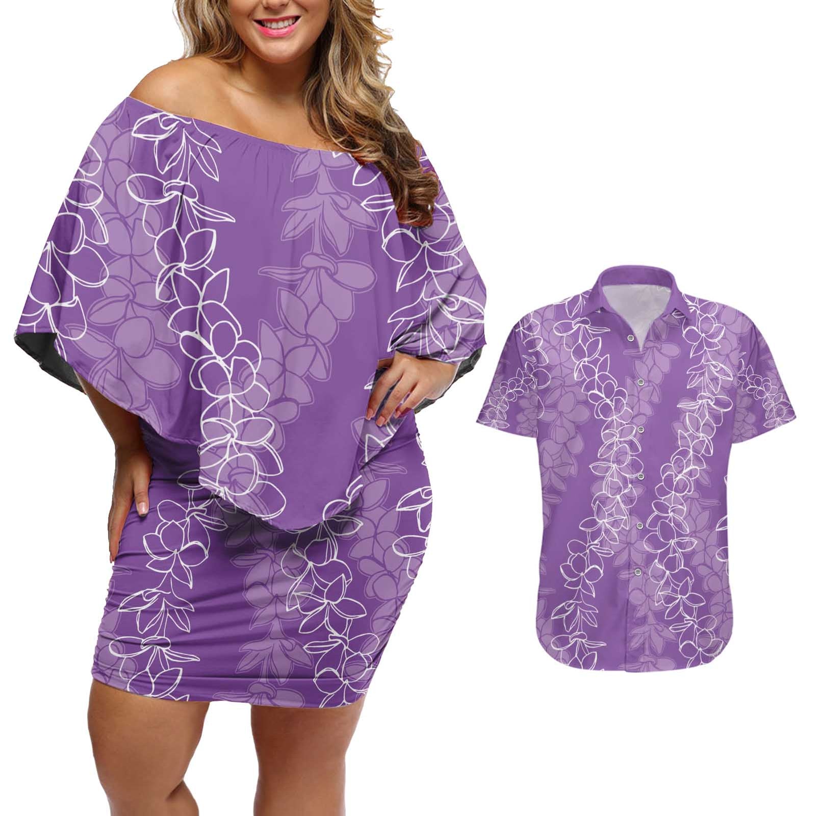 Hawaii Plumeria Lei Couples Matching Off Shoulder Short Dress and Hawaiian Shirt Aloha Festive Vibe - Violet
