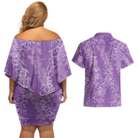 Hawaii Plumeria Lei Couples Matching Off Shoulder Short Dress and Hawaiian Shirt Aloha Festive Vibe - Violet