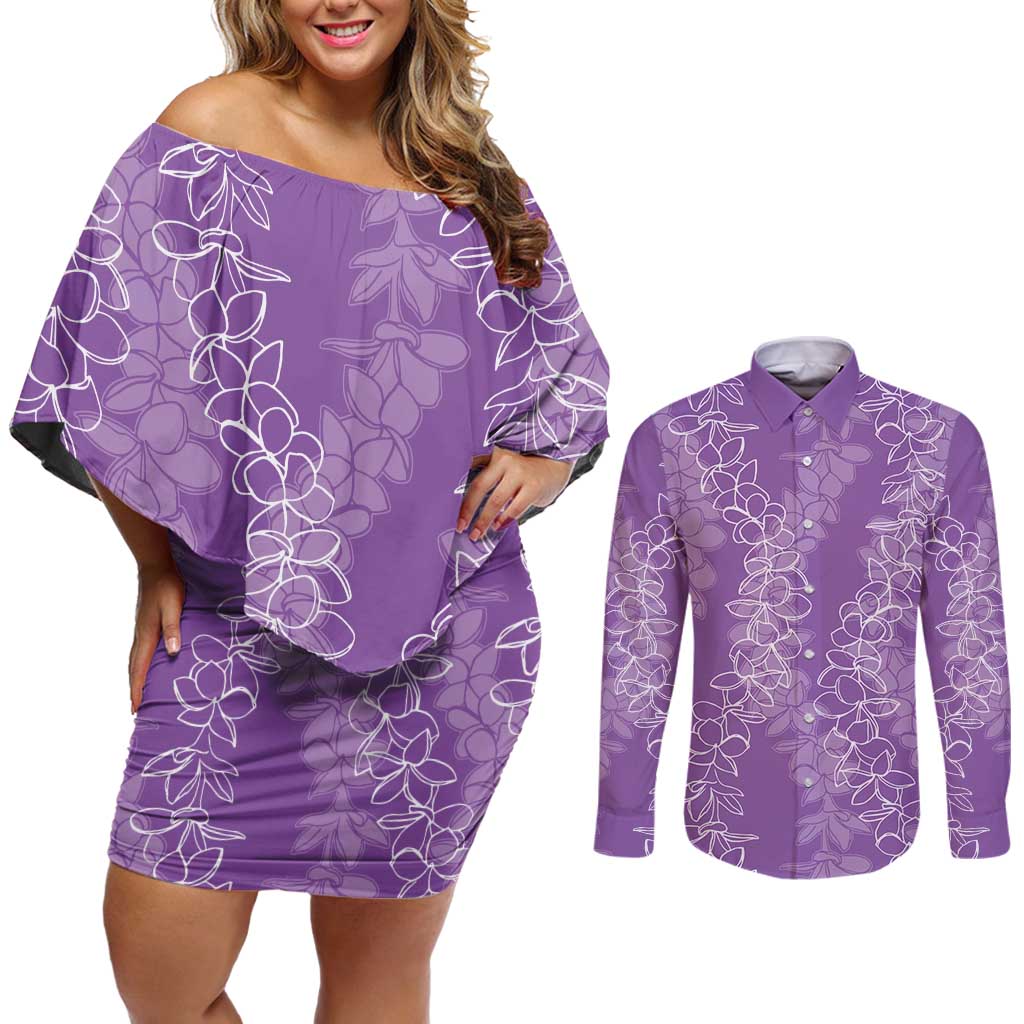 Hawaii Plumeria Lei Couples Matching Off Shoulder Short Dress and Long Sleeve Button Shirt Aloha Festive Vibe - Violet