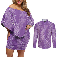 Hawaii Plumeria Lei Couples Matching Off Shoulder Short Dress and Long Sleeve Button Shirt Aloha Festive Vibe - Violet