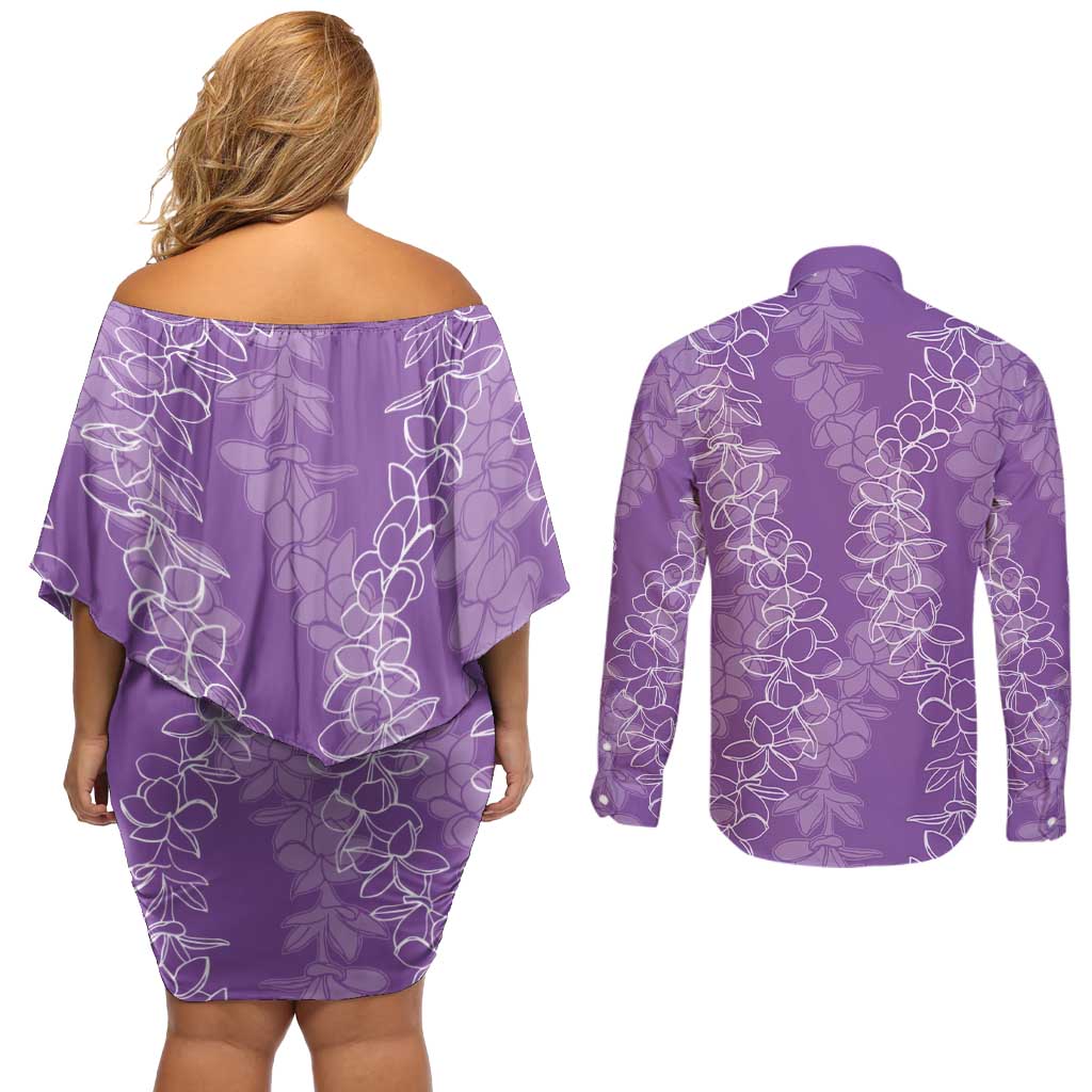 Hawaii Plumeria Lei Couples Matching Off Shoulder Short Dress and Long Sleeve Button Shirt Aloha Festive Vibe - Violet