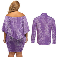 Hawaii Plumeria Lei Couples Matching Off Shoulder Short Dress and Long Sleeve Button Shirt Aloha Festive Vibe - Violet