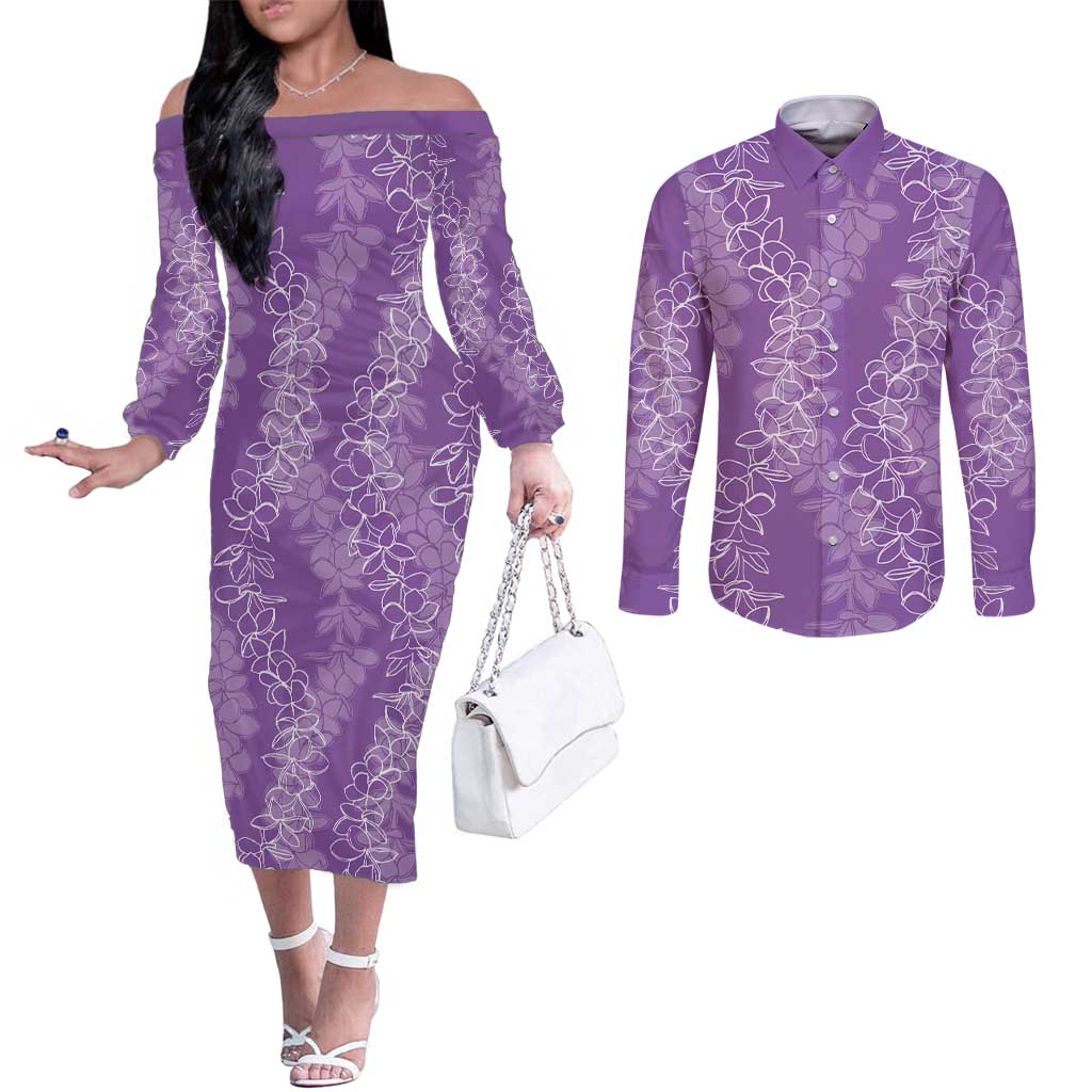 Hawaii Plumeria Lei Couples Matching Off The Shoulder Long Sleeve Dress and Long Sleeve Button Shirt Aloha Festive Vibe - Violet