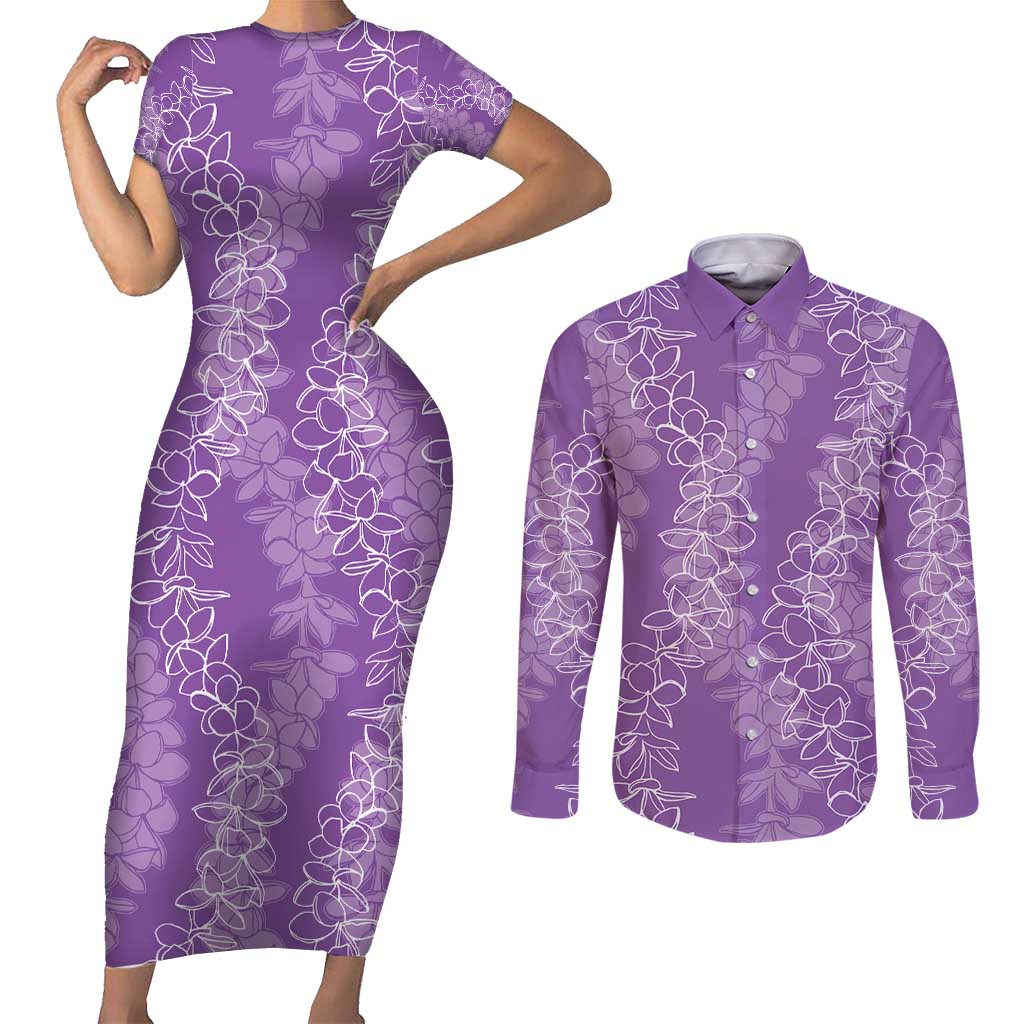 Hawaii Plumeria Lei Couples Matching Short Sleeve Bodycon Dress and Long Sleeve Button Shirt Aloha Festive Vibe - Violet