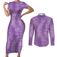 Hawaii Plumeria Lei Couples Matching Short Sleeve Bodycon Dress and Long Sleeve Button Shirt Aloha Festive Vibe - Violet