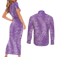 Hawaii Plumeria Lei Couples Matching Short Sleeve Bodycon Dress and Long Sleeve Button Shirt Aloha Festive Vibe - Violet
