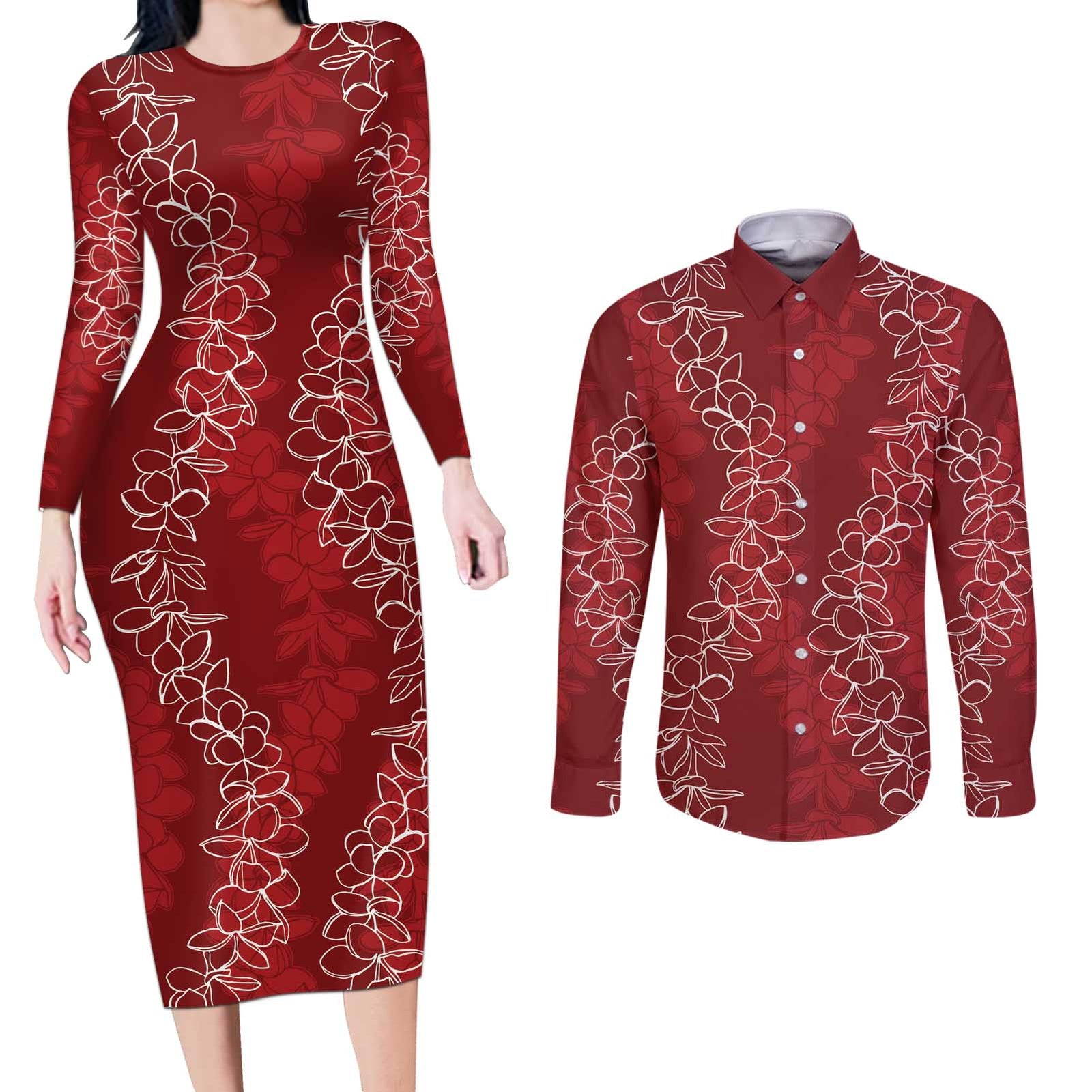 Hawaii Plumeria Lei Couples Matching Long Sleeve Bodycon Dress and Long Sleeve Button Shirt Aloha Festive Vibe - Crimson