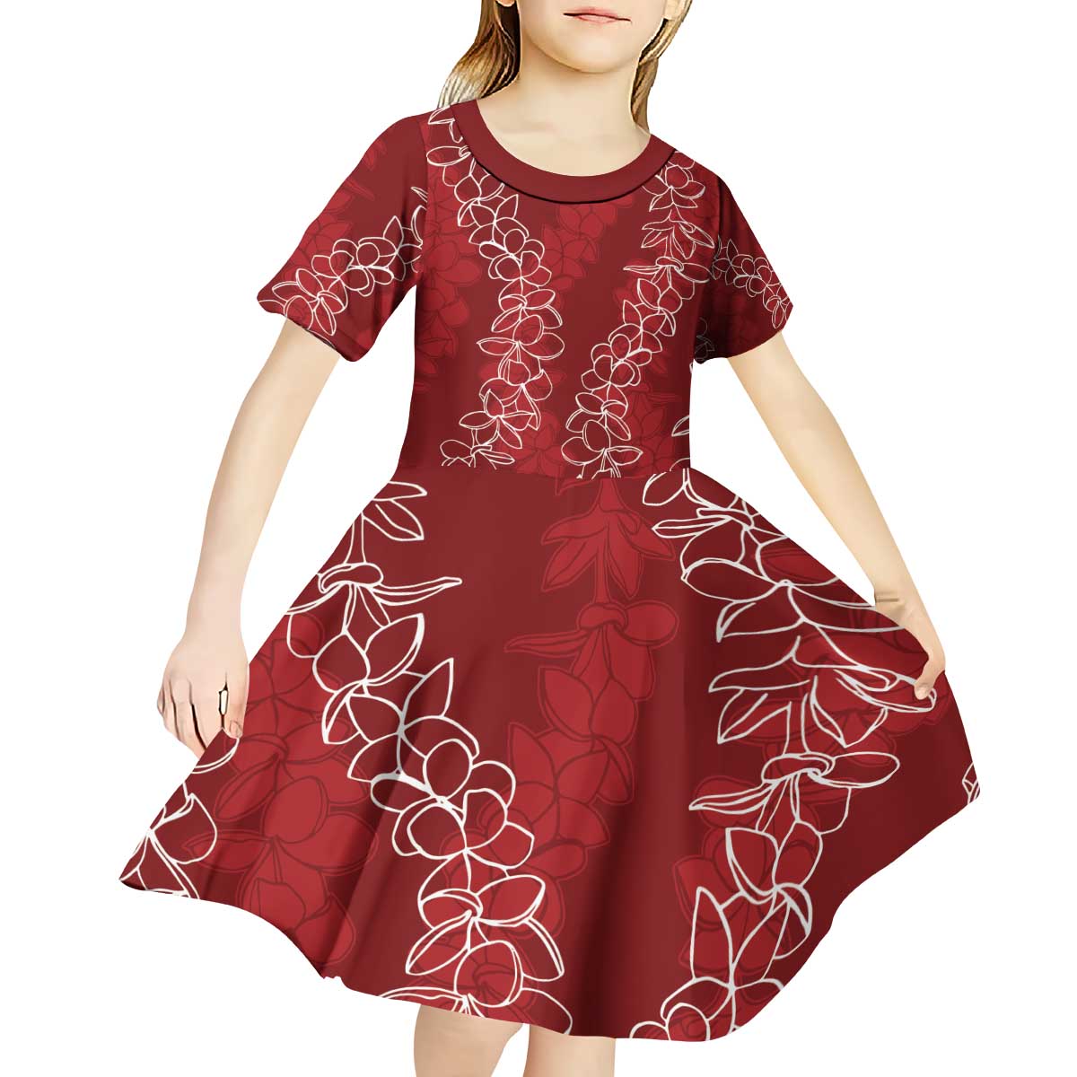 Hawaii Plumeria Lei Kid Short Sleeve Dress Aloha Festive Vibe - Crimson