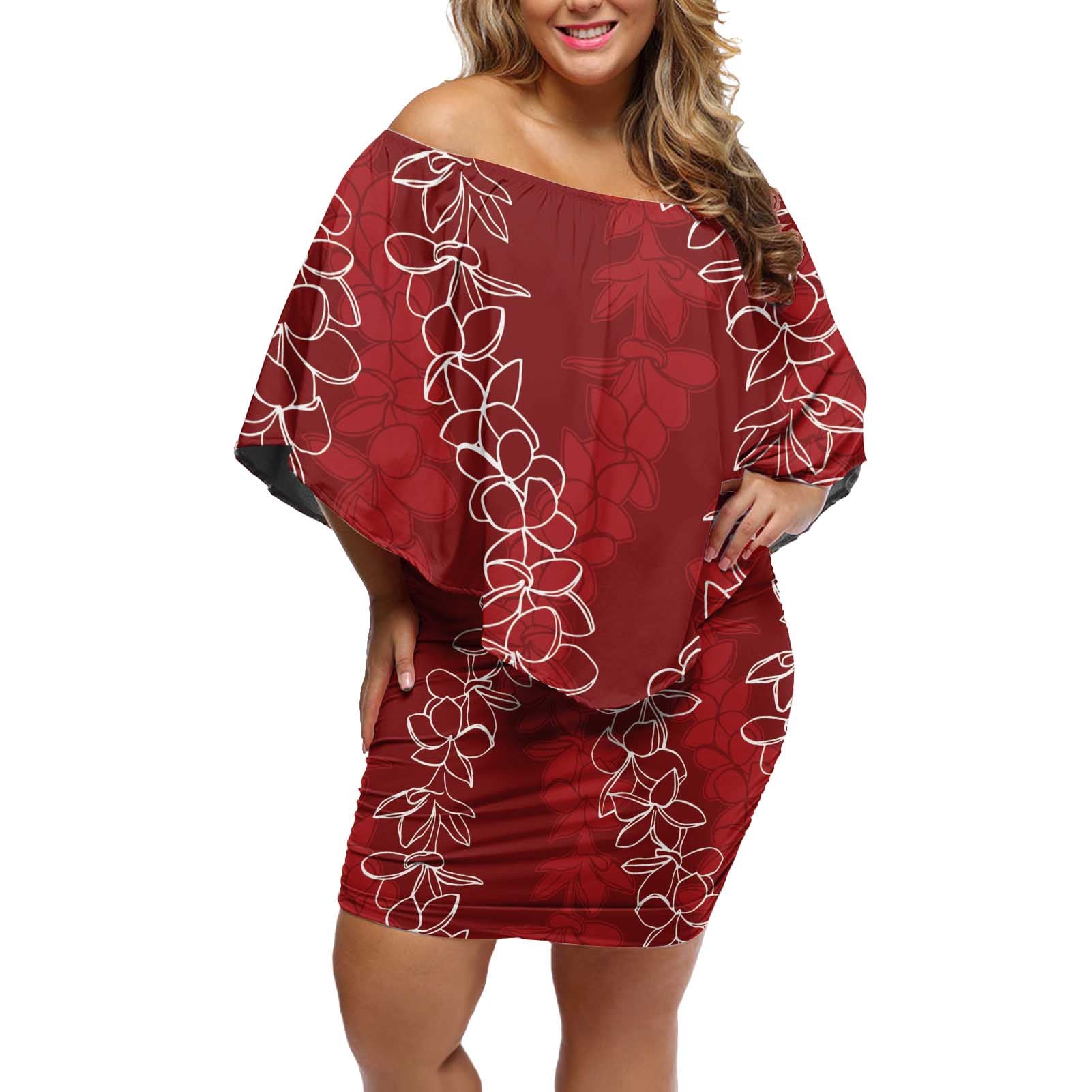 Hawaii Plumeria Lei Off Shoulder Short Dress Aloha Festive Vibe - Crimson