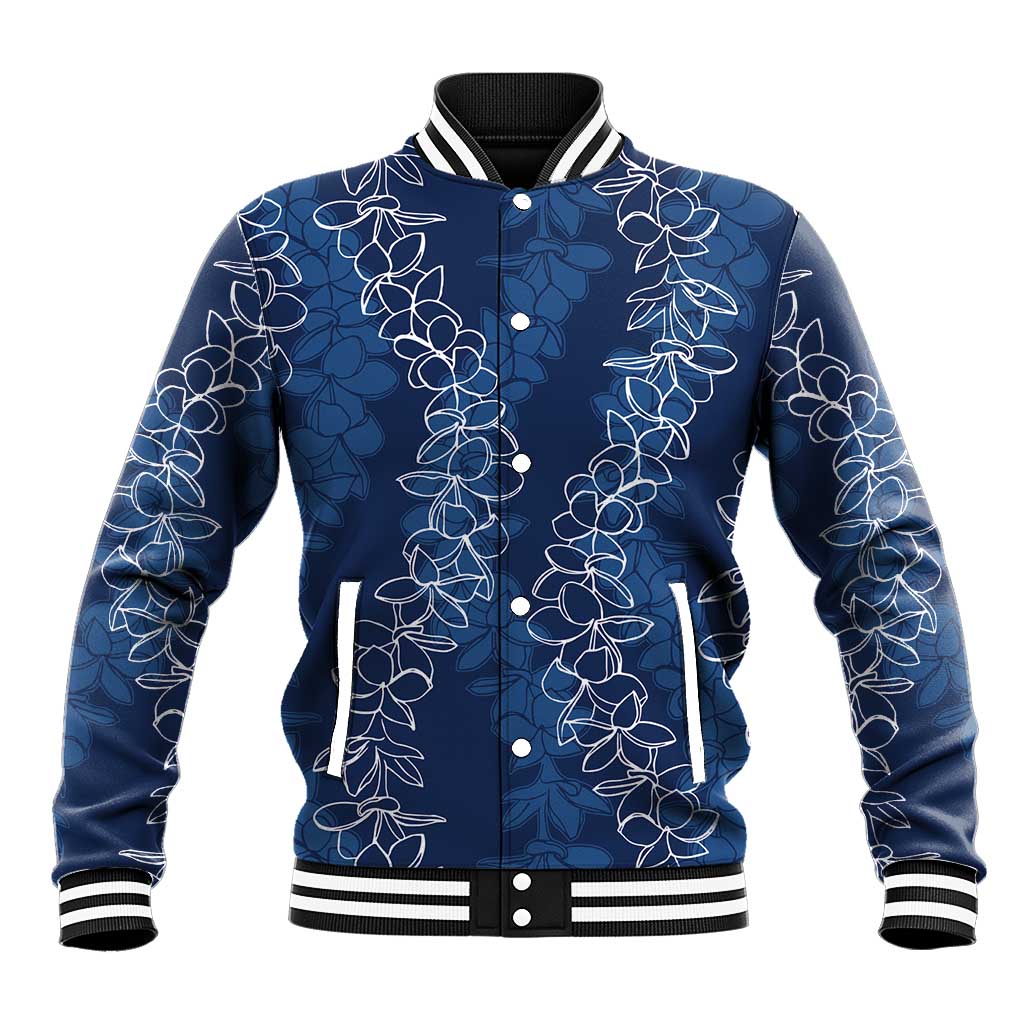 Hawaii Plumeria Lei Baseball Jacket Aloha Festive Vibe - Navy Blue
