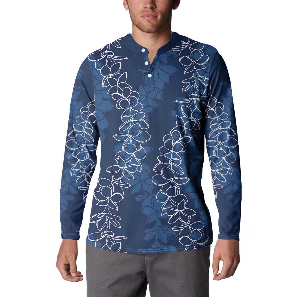 Hawaii Plumeria Lei Button Sweatshirt Aloha Festive Vibe - Navy Blue