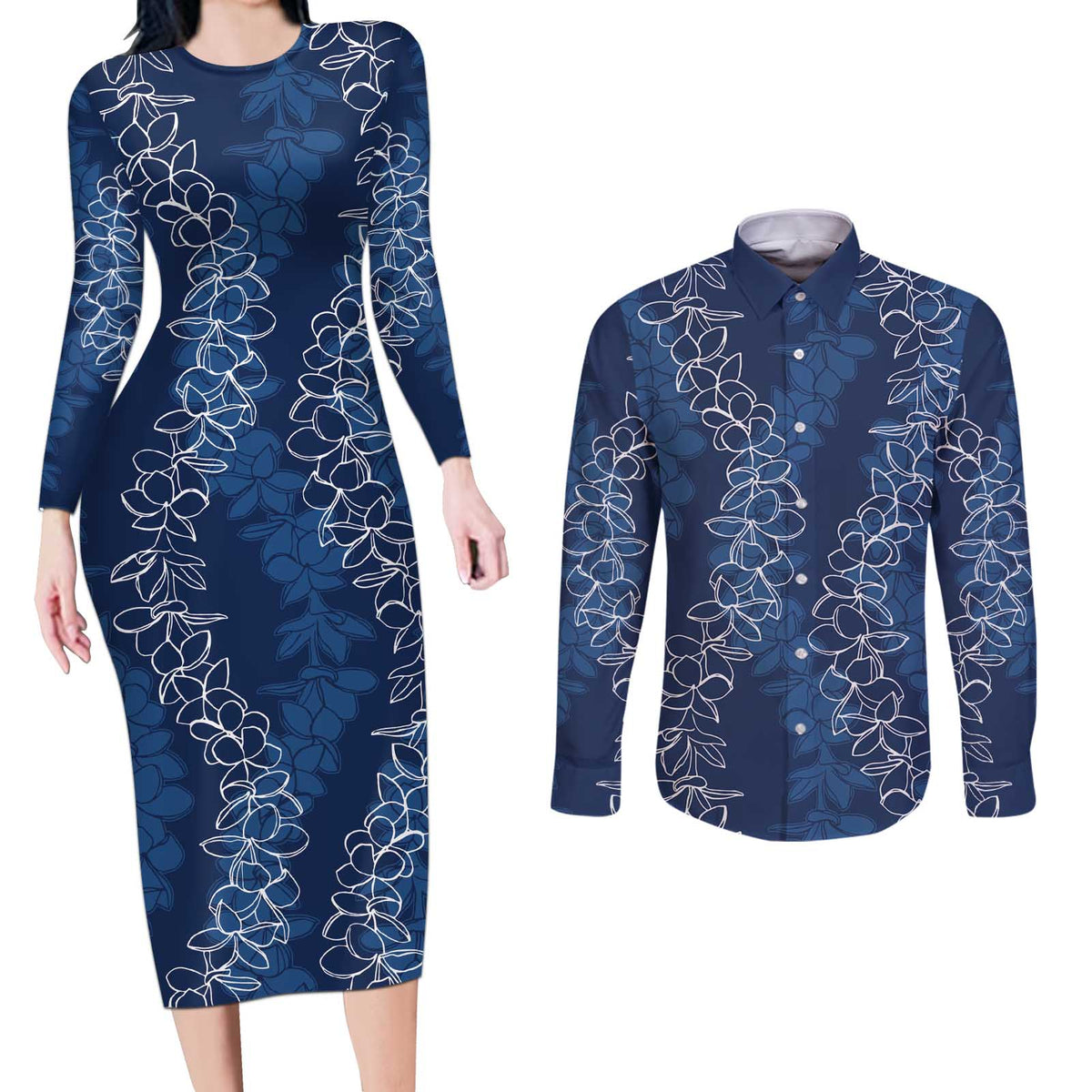 Hawaii Plumeria Lei Couples Matching Long Sleeve Bodycon Dress and Long Sleeve Button Shirt Aloha Festive Vibe - Navy Blue