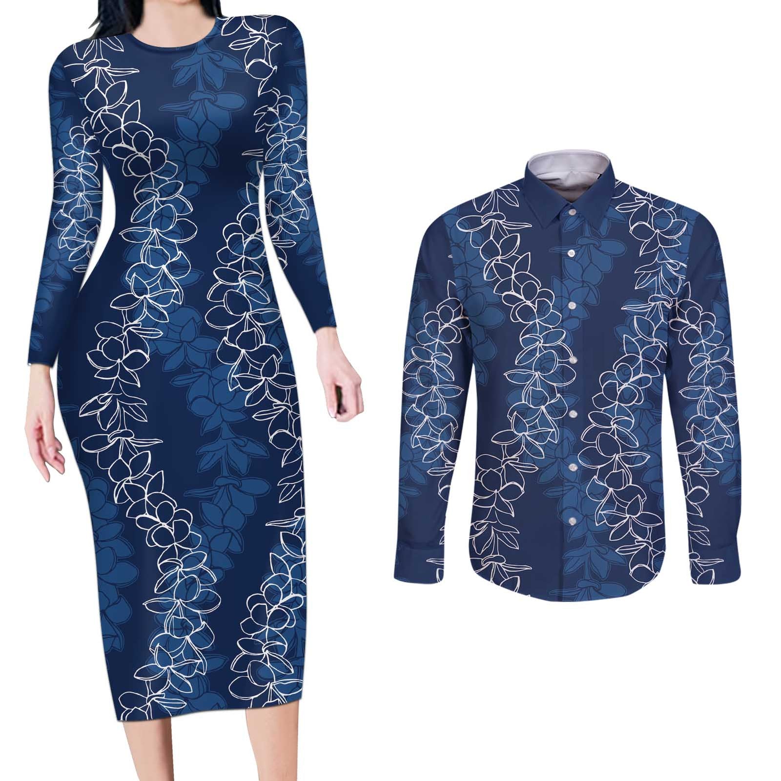 Hawaii Plumeria Lei Couples Matching Long Sleeve Bodycon Dress and Long Sleeve Button Shirt Aloha Festive Vibe - Navy Blue