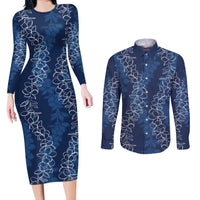 Hawaii Plumeria Lei Couples Matching Long Sleeve Bodycon Dress and Long Sleeve Button Shirt Aloha Festive Vibe - Navy Blue