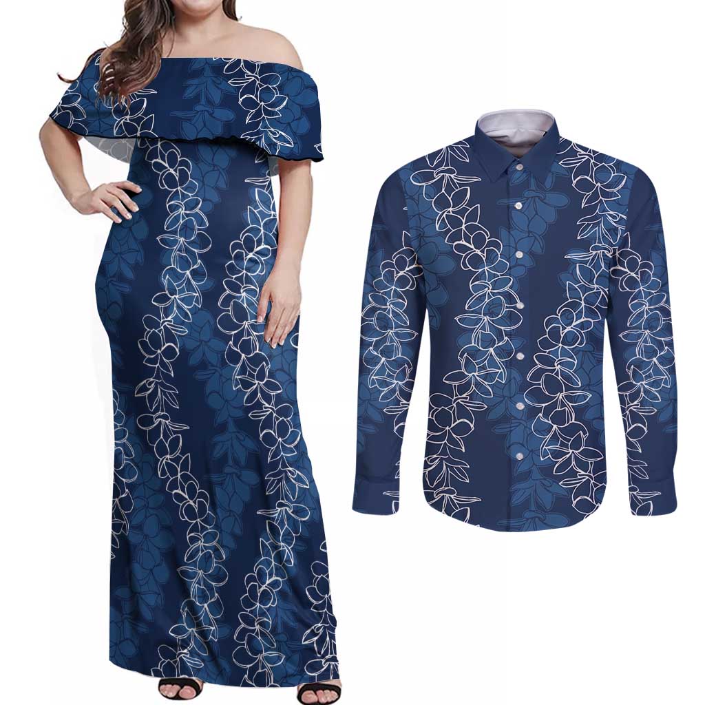 Hawaii Plumeria Lei Couples Matching Off Shoulder Maxi Dress and Long Sleeve Button Shirt Aloha Festive Vibe - Navy Blue