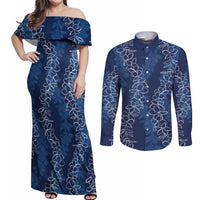 Hawaii Plumeria Lei Couples Matching Off Shoulder Maxi Dress and Long Sleeve Button Shirt Aloha Festive Vibe - Navy Blue