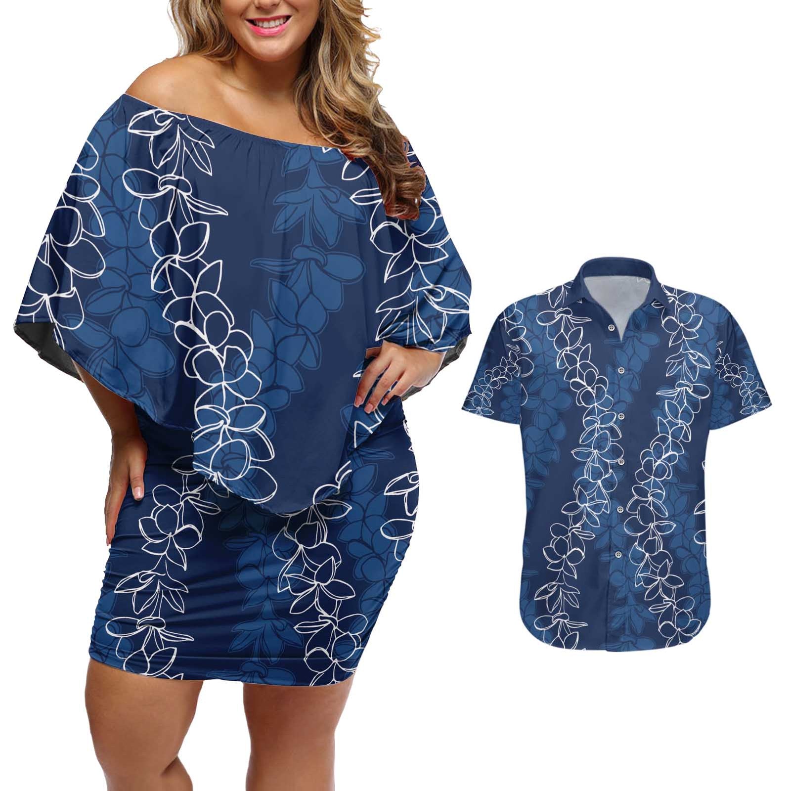 Hawaii Plumeria Lei Couples Matching Off Shoulder Short Dress and Hawaiian Shirt Aloha Festive Vibe - Navy Blue
