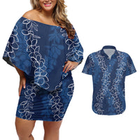 Hawaii Plumeria Lei Couples Matching Off Shoulder Short Dress and Hawaiian Shirt Aloha Festive Vibe - Navy Blue