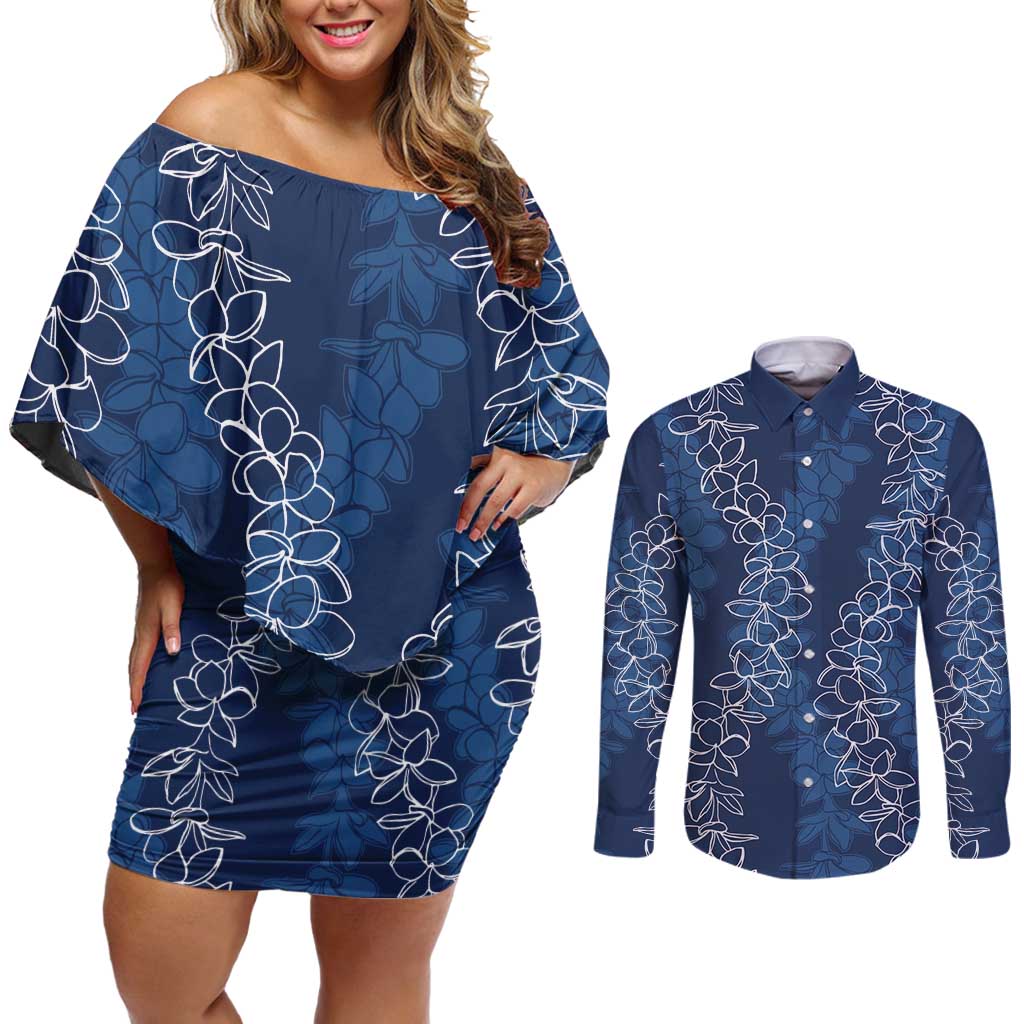 Hawaii Plumeria Lei Couples Matching Off Shoulder Short Dress and Long Sleeve Button Shirt Aloha Festive Vibe - Navy Blue