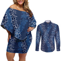 Hawaii Plumeria Lei Couples Matching Off Shoulder Short Dress and Long Sleeve Button Shirt Aloha Festive Vibe - Navy Blue