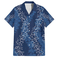 Hawaii Plumeria Lei Family Matching Long Sleeve Bodycon Dress and Hawaiian Shirt Aloha Festive Vibe - Navy Blue