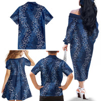 Hawaii Plumeria Lei Family Matching Off The Shoulder Long Sleeve Dress and Hawaiian Shirt Aloha Festive Vibe - Navy Blue
