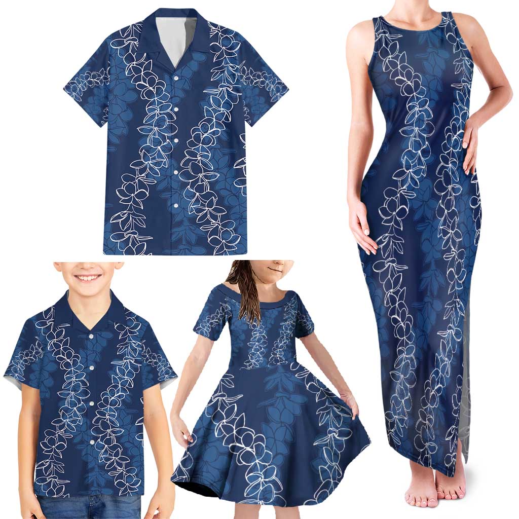 Hawaii Plumeria Lei Family Matching Tank Maxi Dress and Hawaiian Shirt Aloha Festive Vibe - Navy Blue