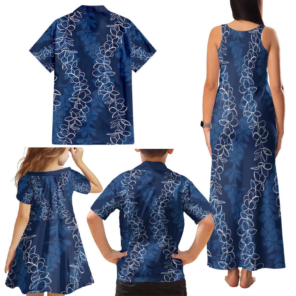 Hawaii Plumeria Lei Family Matching Tank Maxi Dress and Hawaiian Shirt Aloha Festive Vibe - Navy Blue