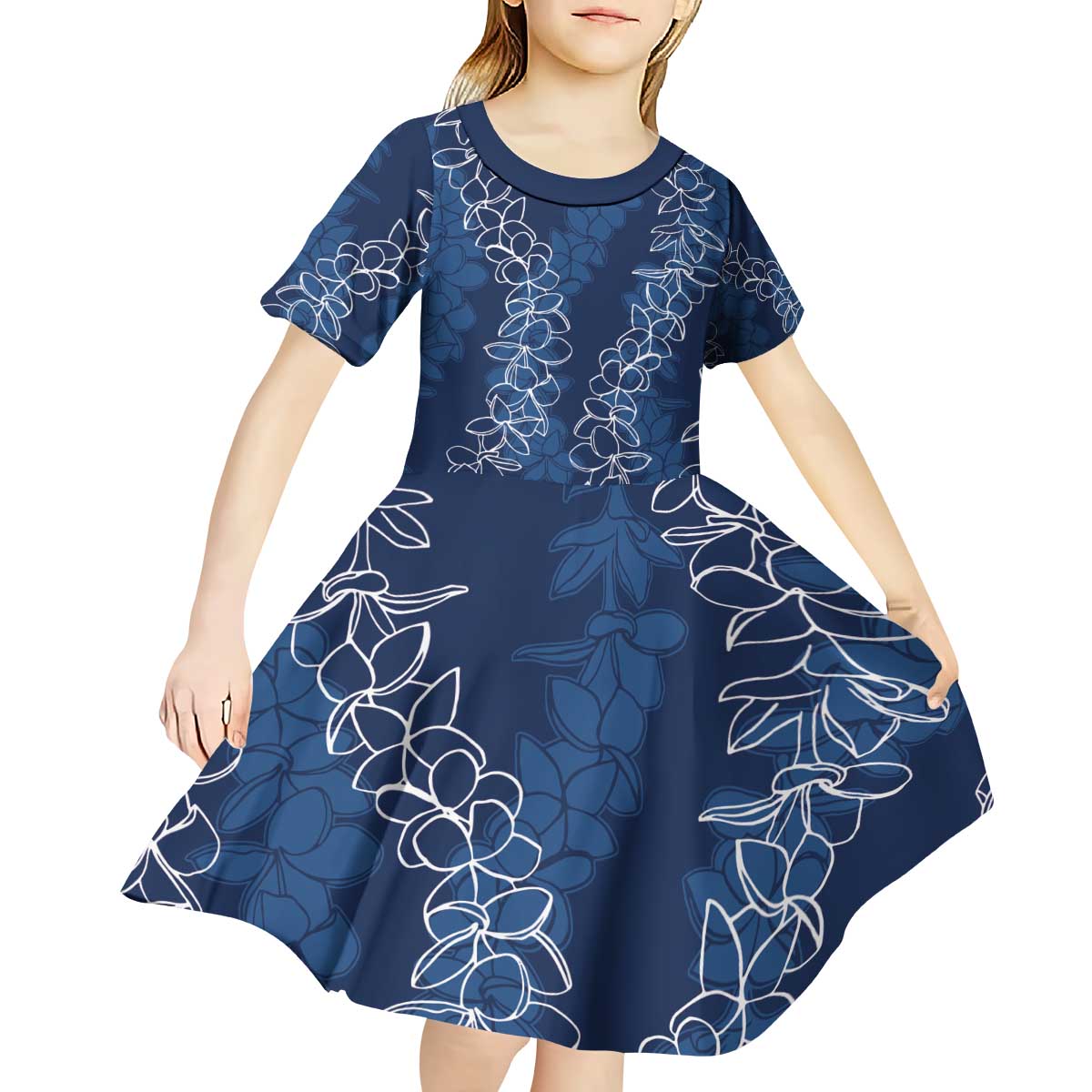 Hawaii Plumeria Lei Kid Short Sleeve Dress Aloha Festive Vibe - Navy Blue