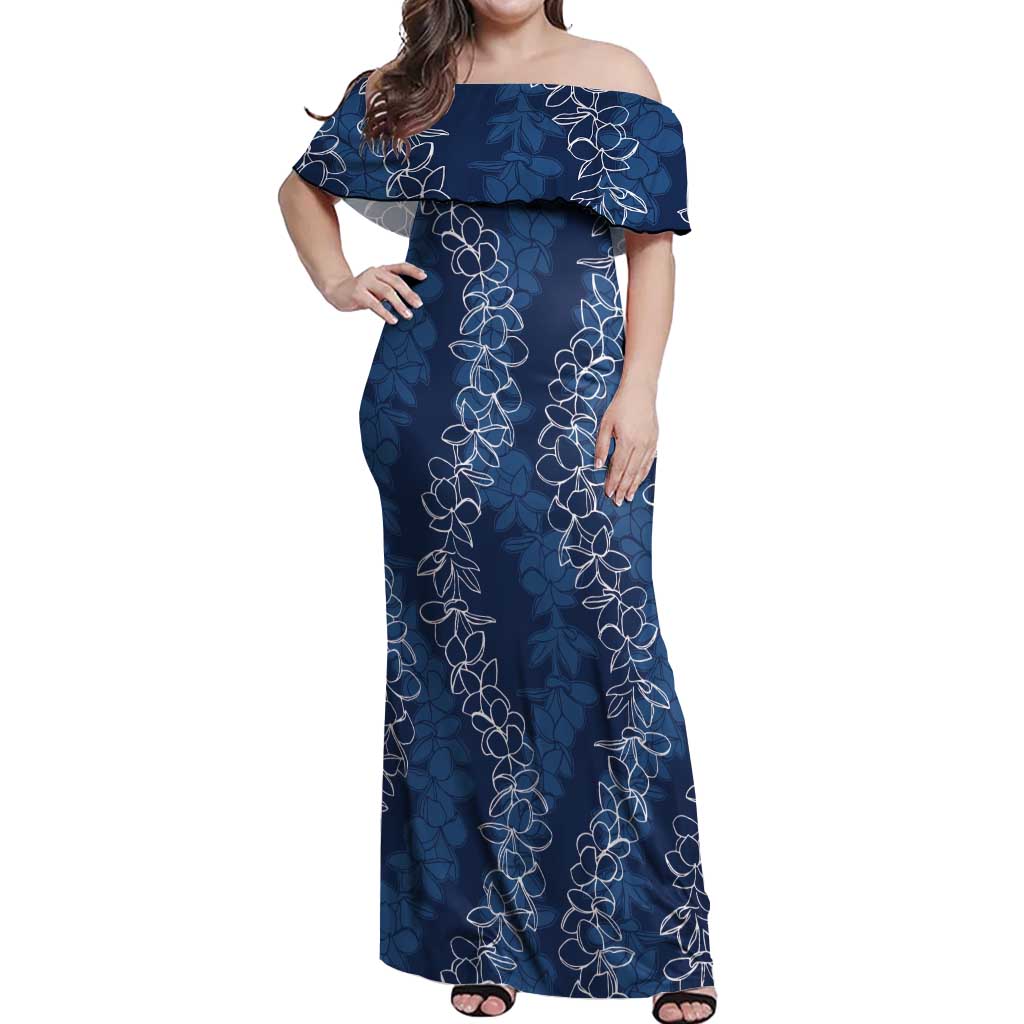 Hawaii Plumeria Lei Off Shoulder Maxi Dress Aloha Festive Vibe - Navy Blue