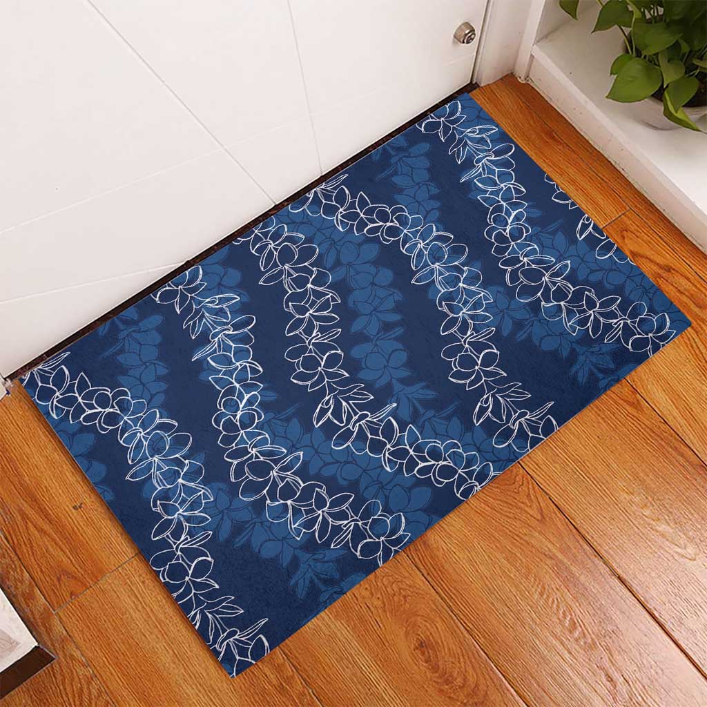 Hawaii Plumeria Lei Rubber Doormat Aloha Festive Vibe - Navy Blue