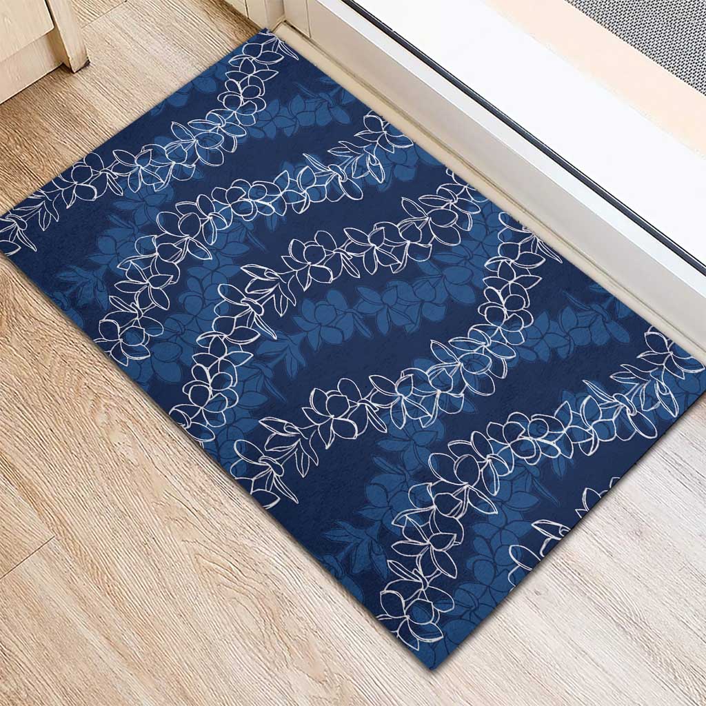 Hawaii Plumeria Lei Rubber Doormat Aloha Festive Vibe - Navy Blue