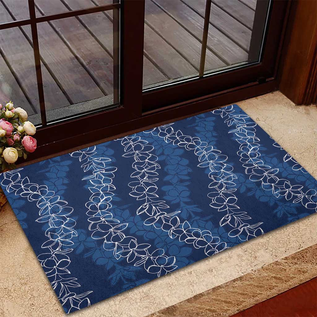 Hawaii Plumeria Lei Rubber Doormat Aloha Festive Vibe - Navy Blue