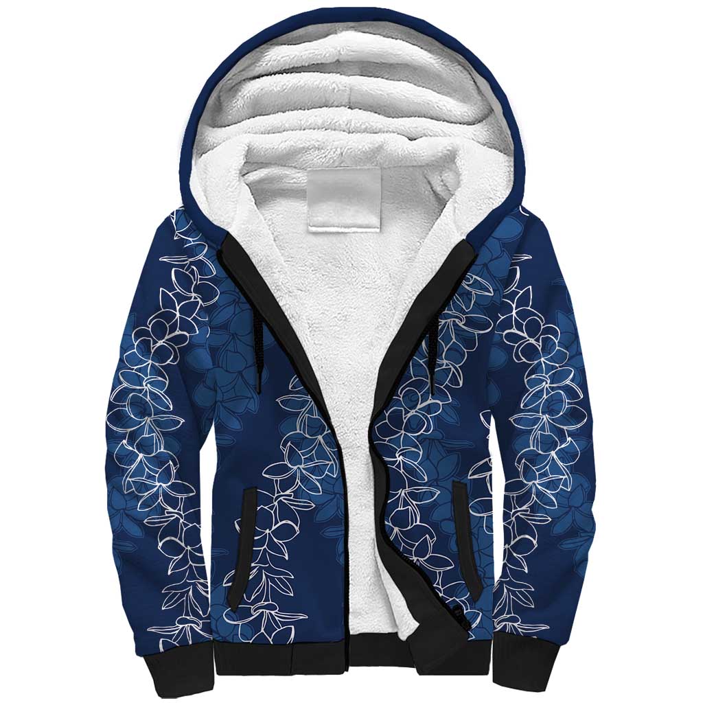 Hawaii Plumeria Lei Sherpa Hoodie Aloha Festive Vibe - Navy Blue