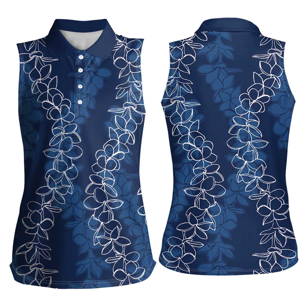 Hawaii Plumeria Lei Women Sleeveless Polo Shirt Aloha Festive Vibe - Navy Blue
