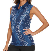 Hawaii Plumeria Lei Women Sleeveless Polo Shirt Aloha Festive Vibe - Navy Blue