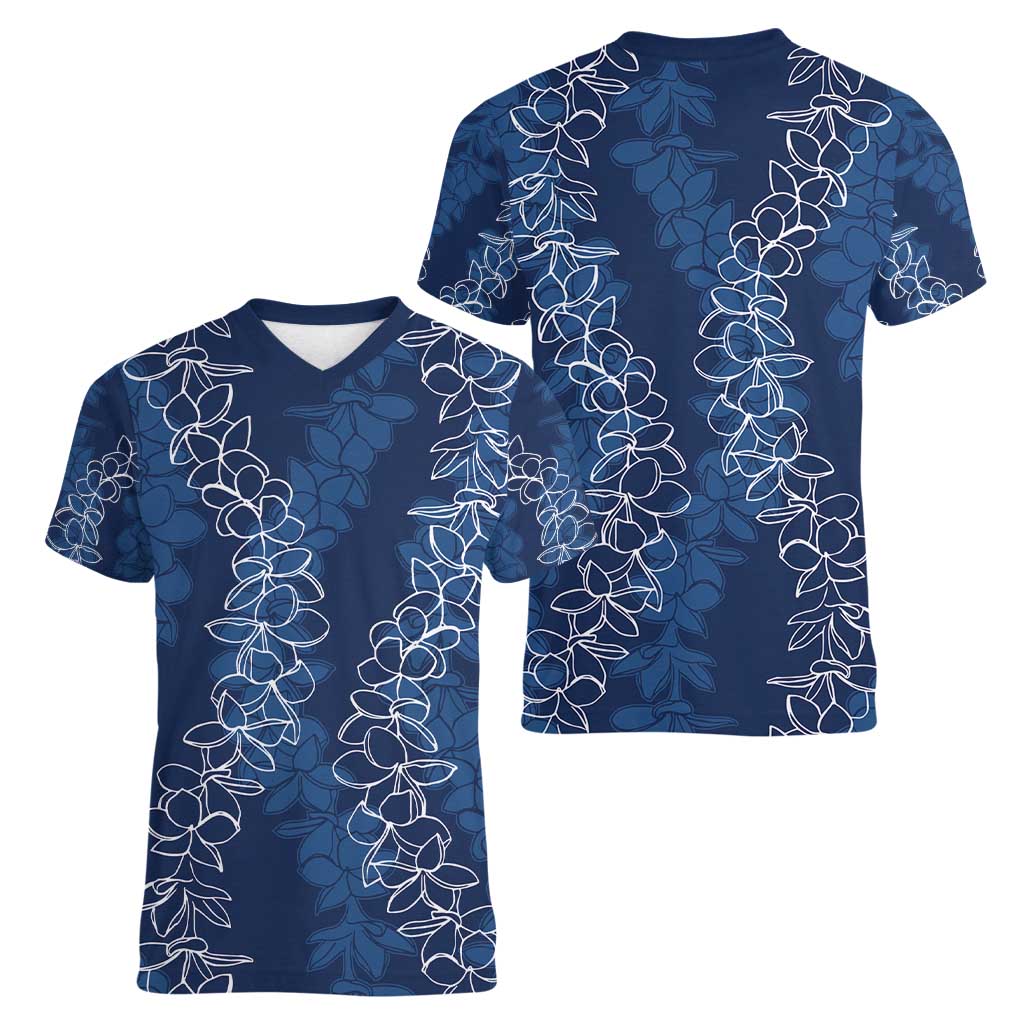 Hawaii Plumeria Lei Women V-Neck T-Shirt Aloha Festive Vibe - Navy Blue LT7 - Polynesian Pride