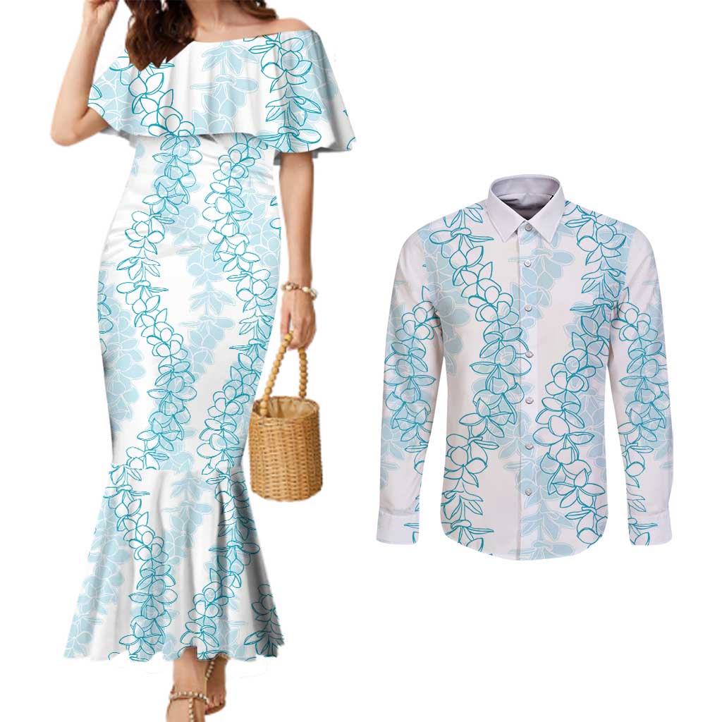 Hawaii Plumeria Lei Couples Matching Mermaid Dress and Long Sleeve Button Shirt Aloha Festive Vibe - Turquoise