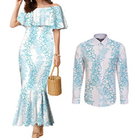 Hawaii Plumeria Lei Couples Matching Mermaid Dress and Long Sleeve Button Shirt Aloha Festive Vibe - Turquoise