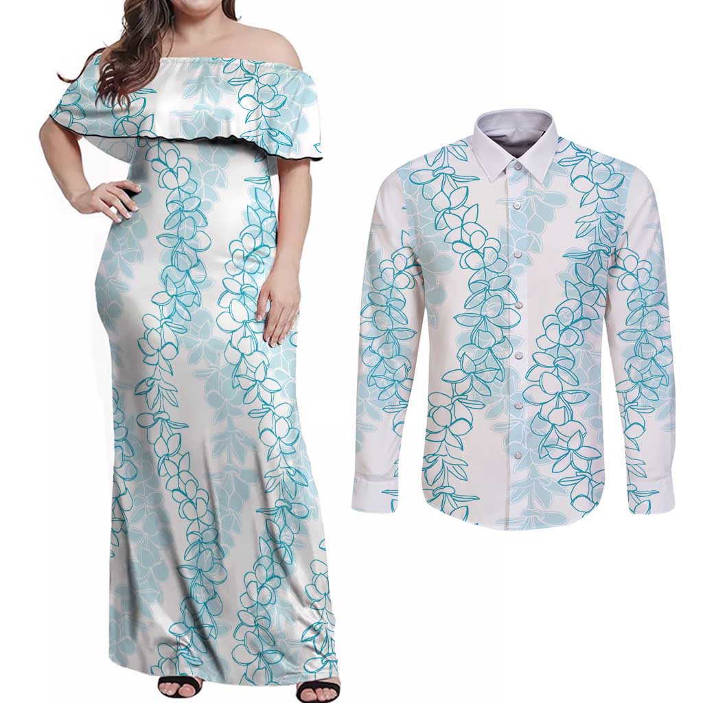 Hawaii Plumeria Lei Couples Matching Off Shoulder Maxi Dress and Long Sleeve Button Shirt Aloha Festive Vibe - Turquoise