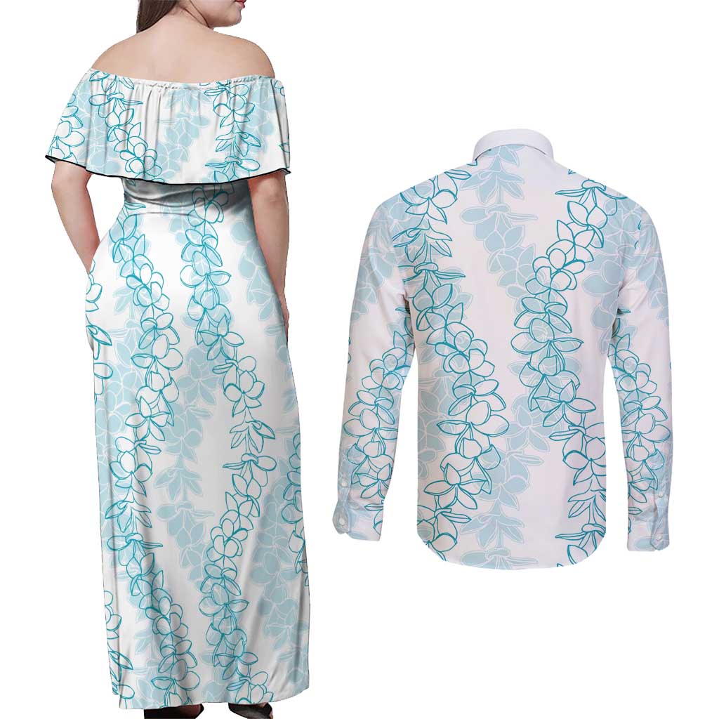 Hawaii Plumeria Lei Couples Matching Off Shoulder Maxi Dress and Long Sleeve Button Shirt Aloha Festive Vibe - Turquoise