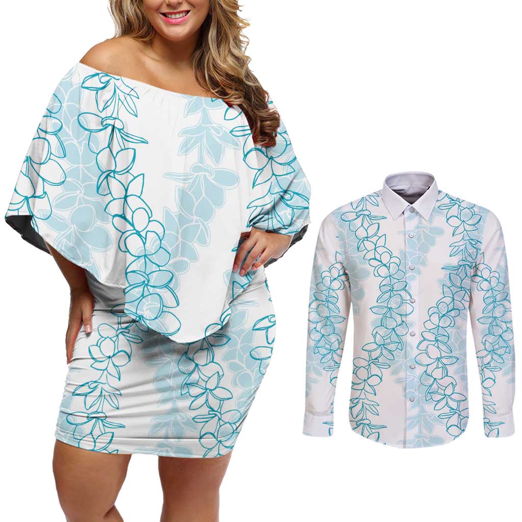 Hawaii Plumeria Lei Couples Matching Off Shoulder Short Dress and Long Sleeve Button Shirt Aloha Festive Vibe - Turquoise