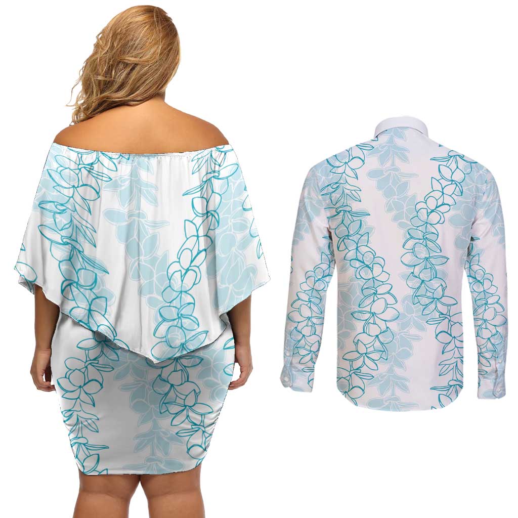 Hawaii Plumeria Lei Couples Matching Off Shoulder Short Dress and Long Sleeve Button Shirt Aloha Festive Vibe - Turquoise