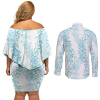 Hawaii Plumeria Lei Couples Matching Off Shoulder Short Dress and Long Sleeve Button Shirt Aloha Festive Vibe - Turquoise