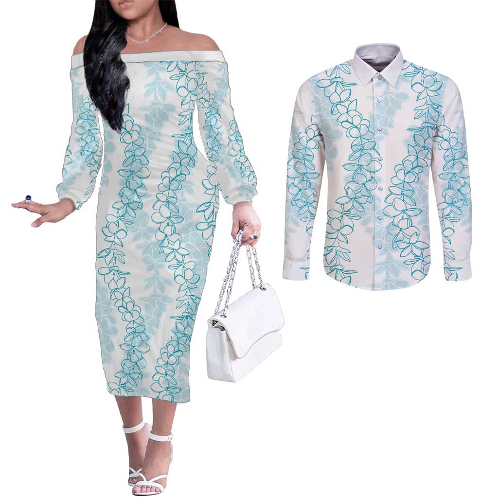 Hawaii Plumeria Lei Couples Matching Off The Shoulder Long Sleeve Dress and Long Sleeve Button Shirt Aloha Festive Vibe - Turquoise