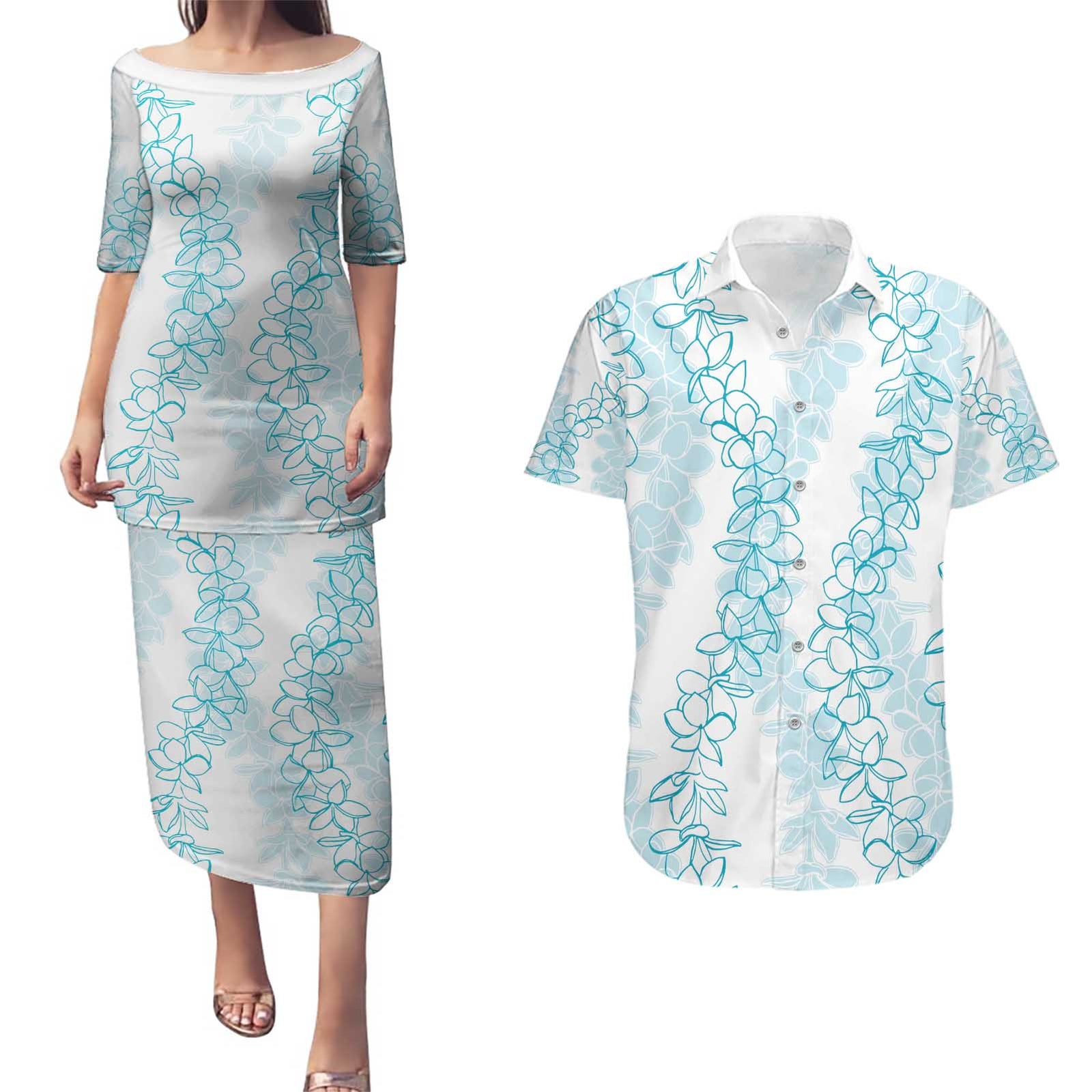 Hawaii Plumeria Lei Couples Matching Puletasi and Hawaiian Shirt Aloha Festive Vibe - Turquoise