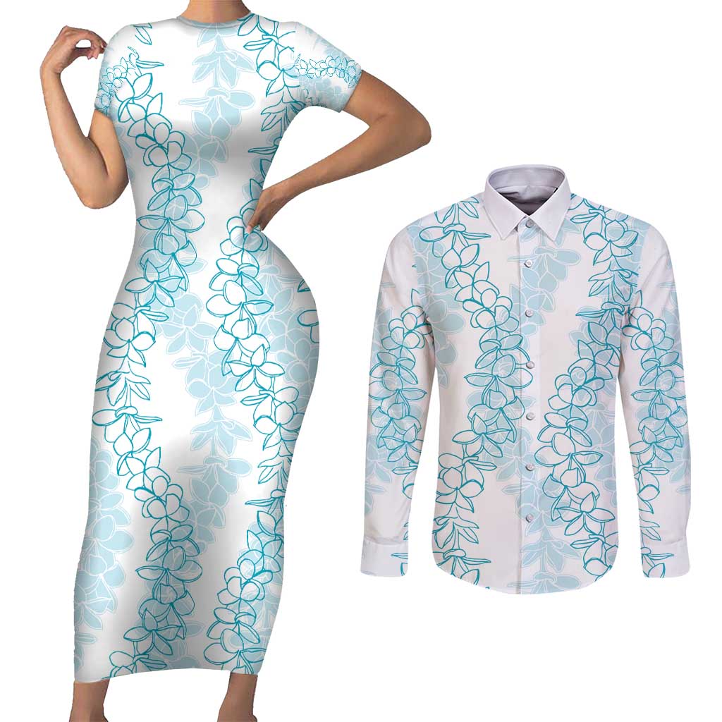 Hawaii Plumeria Lei Couples Matching Short Sleeve Bodycon Dress and Long Sleeve Button Shirt Aloha Festive Vibe - Turquoise
