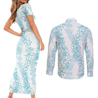 Hawaii Plumeria Lei Couples Matching Short Sleeve Bodycon Dress and Long Sleeve Button Shirt Aloha Festive Vibe - Turquoise