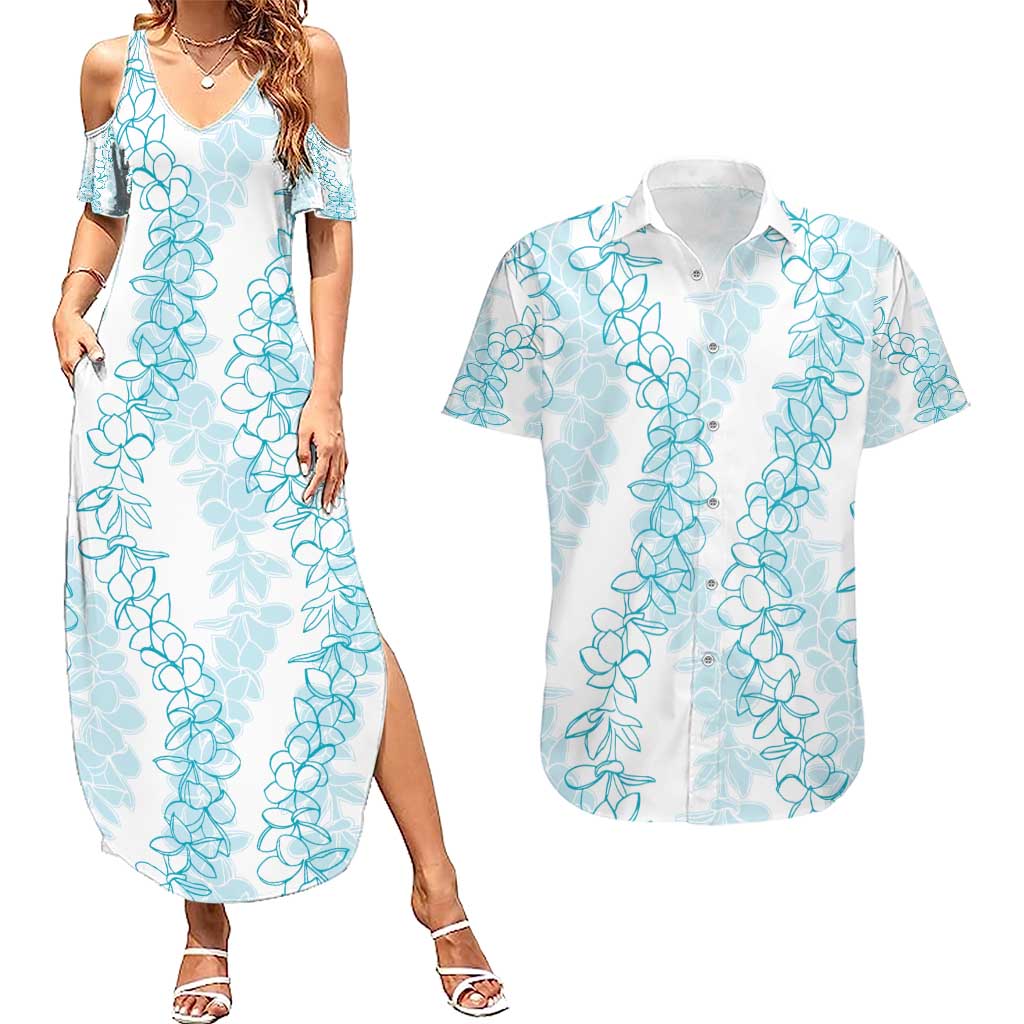 Hawaii Plumeria Lei Couples Matching Summer Maxi Dress and Hawaiian Shirt Aloha Festive Vibe - Turquoise